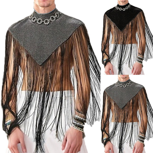 Ladies long fringed cape with turtleneck and V-shaped insert StylebySassy