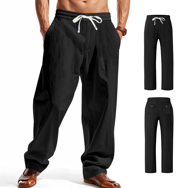 Men's wide comfort trousers in linen blend with elastic drawstring, straight leg, and patch back pockets StylebySassy