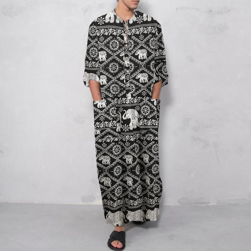 Men's ankle-length striped linen blend kaftan with stand-up collar and patch waist pockets StylebySassy