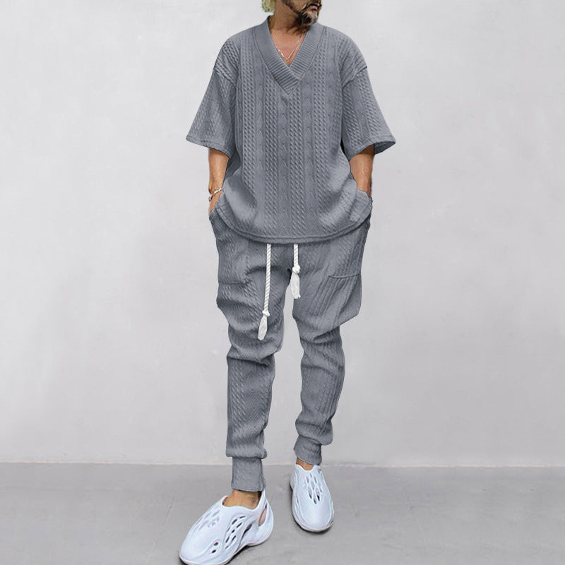 Men's casual knit set with V-neck and drawstring jogger pants StylebySassy