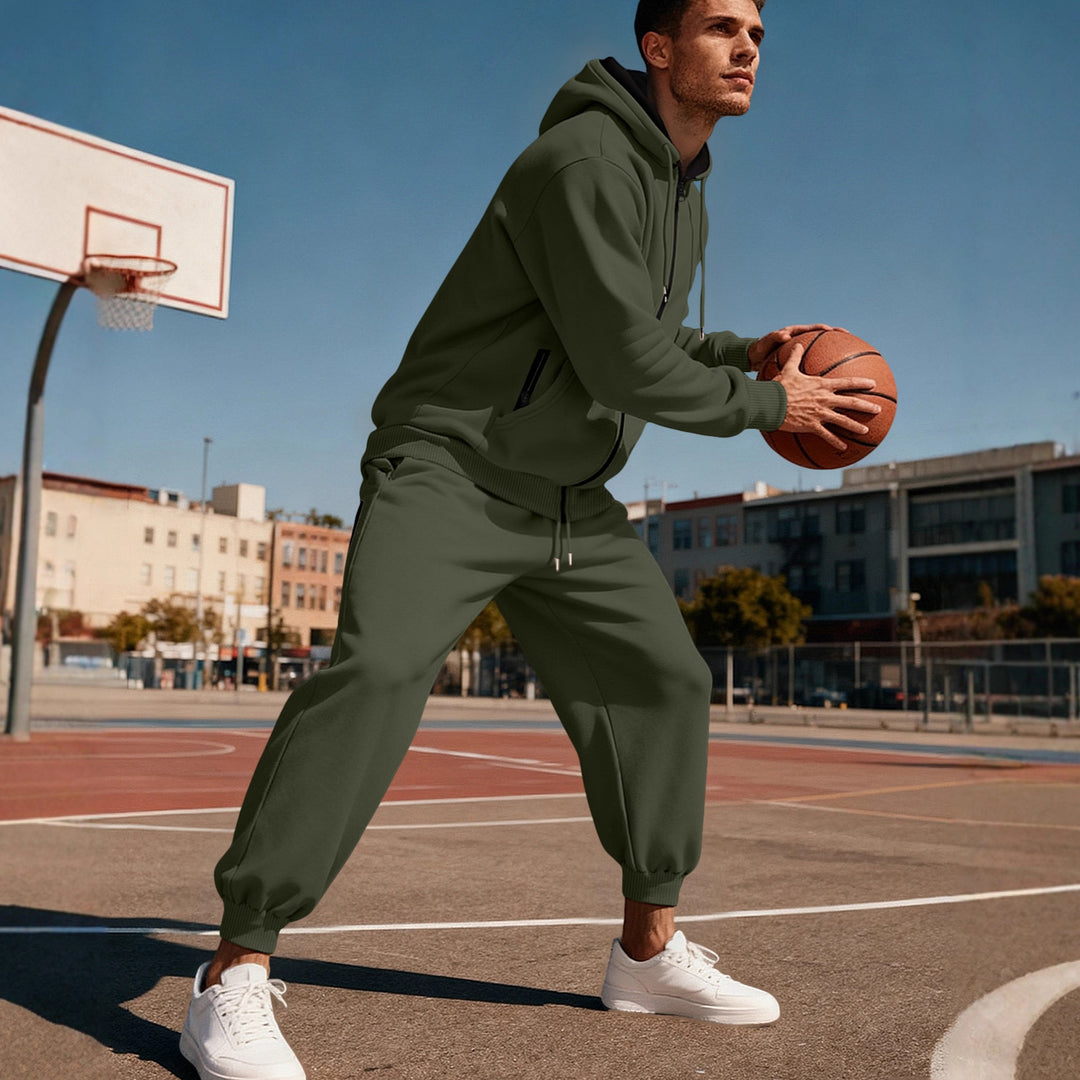 Men's hooded sweatshirt set with full zipper, kangaroo pocket, and tapered joggers with zip pockets StylebySassy