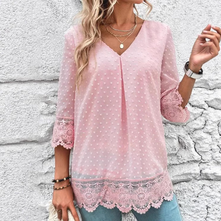 Women nan feminine chiffon tunic with dot relief, V-neck and crochet lace trim StylebySassy
