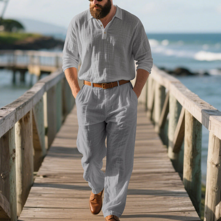 Men's airy linen two-piece set with V-neck shirt and loose pleated trousers StylebySassy