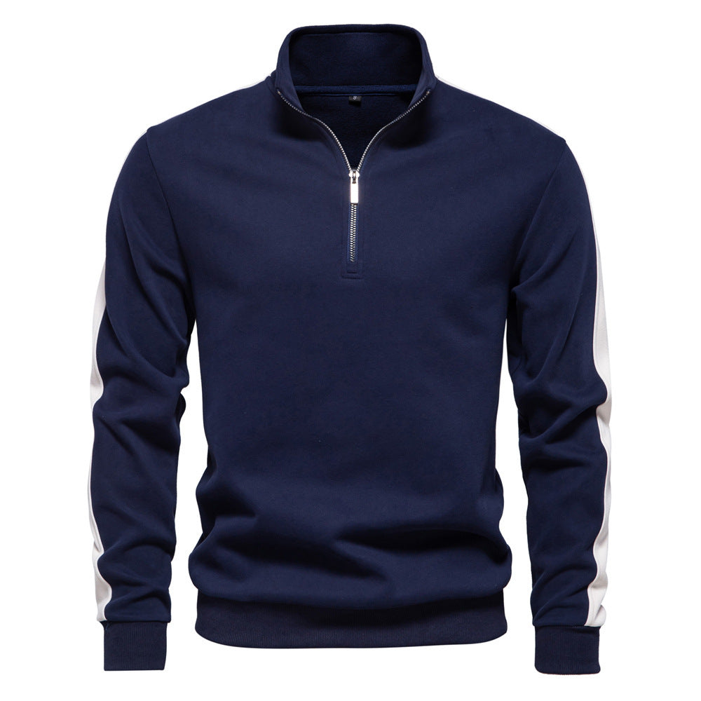 Men's stand-up collar sweater with short zipper and contrast side stripes StylebySassy
