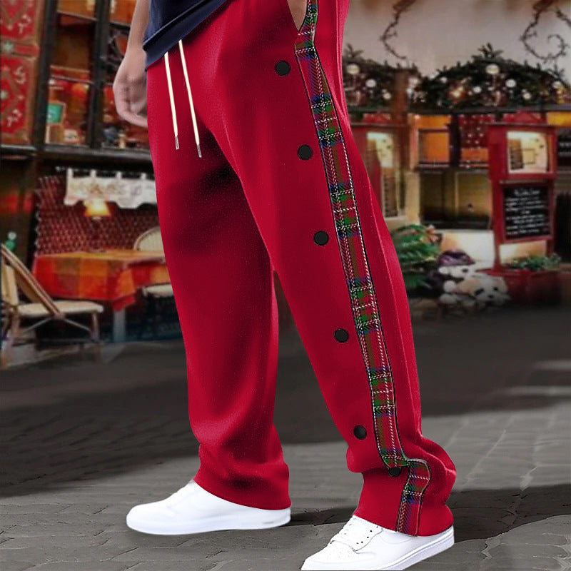 Men's casual jogging pants with checkered side piping, snap button placket, and ankle slits StylebySassy