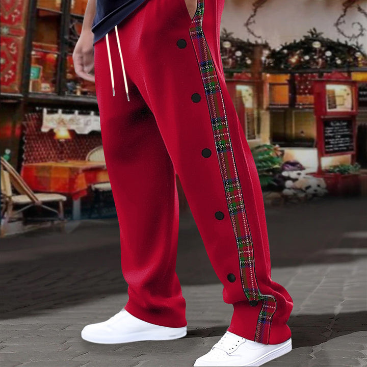 Men's casual jogging pants with checkered side piping, snap button placket, and ankle slits StylebySassy