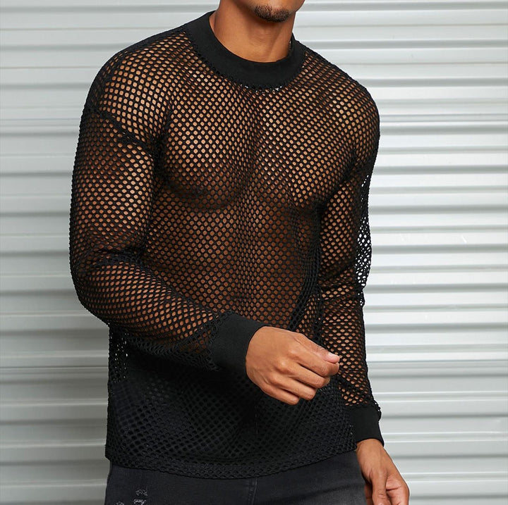 Men's transparent mesh long sleeve shirt with round neck and ribbed cuffs StylebySassy