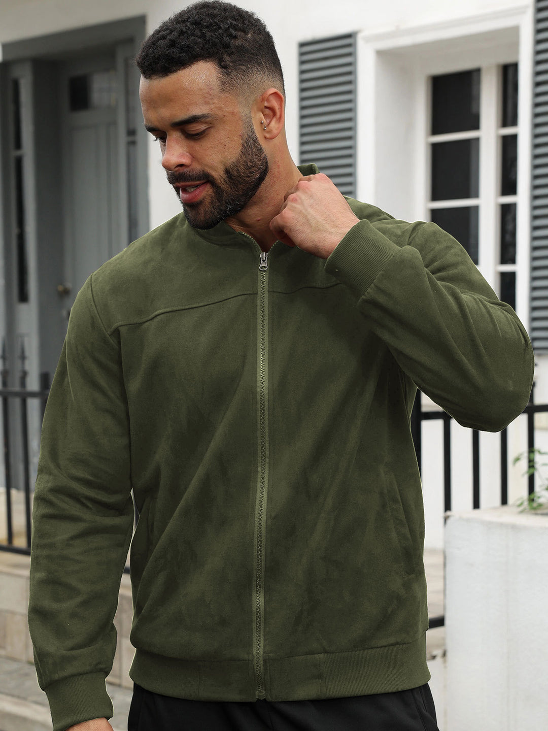 Men's subtle velour bomber jacket with stand-up collar, full zip and ribbed cuffs StylebySassy