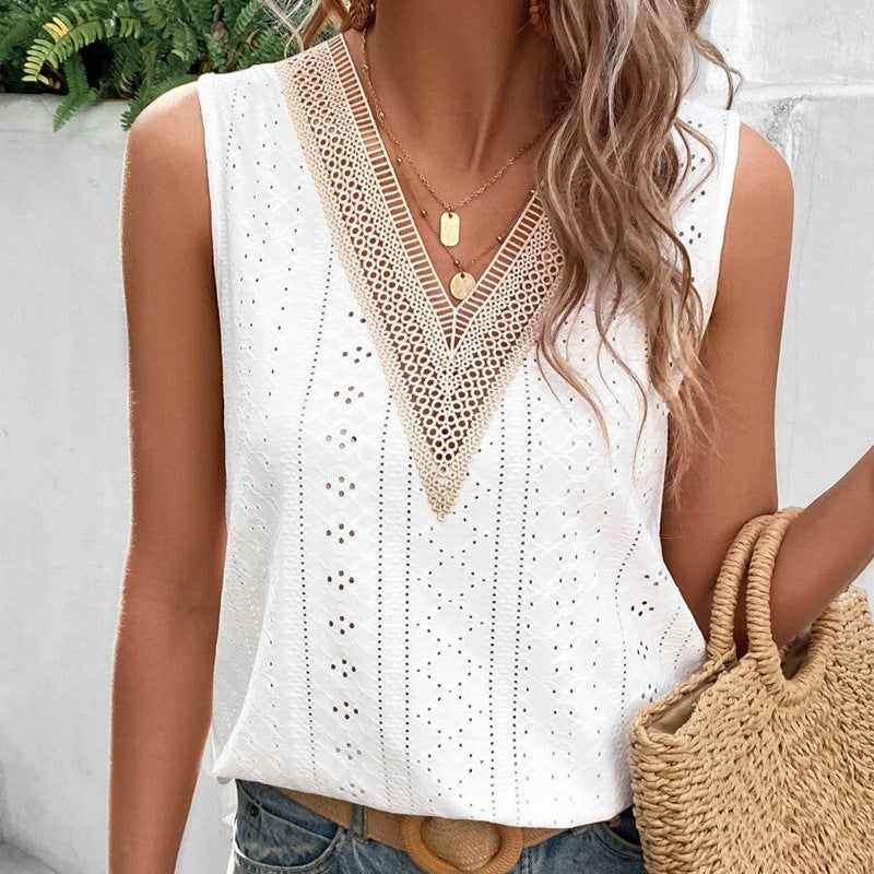 Women's sleeveless embroidery top with V-neck and crocheted lace trim StylebySassy