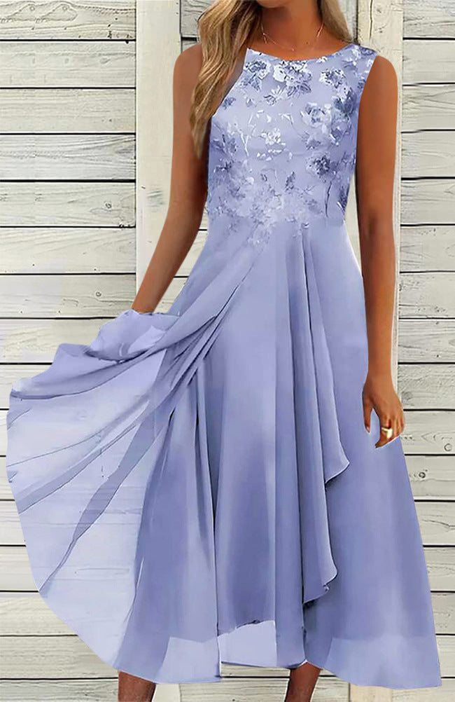 Women’s sleeveless chiffon midi dress with embroidered bodice and asymmetric layered skirt StylebySassy