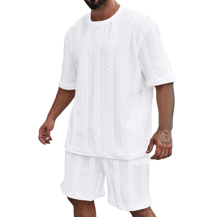 Men's relaxed braid-knit leisure set with wide short-sleeve shirt and elastic Bermuda StylebySassy