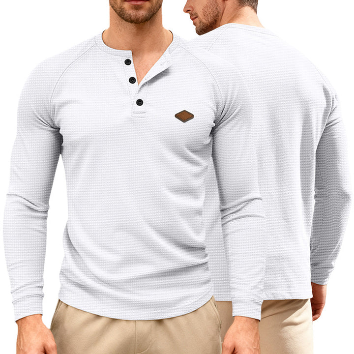 Men's Waffle Knit Henley Long Sleeve Shirt with Raglan Sleeves, Half Button Placket and Leather Label StylebySassy