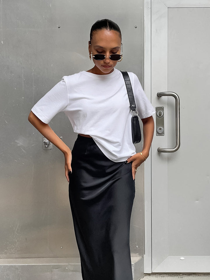 Ladies Long Satin Skirt with High Slit StylebySassy