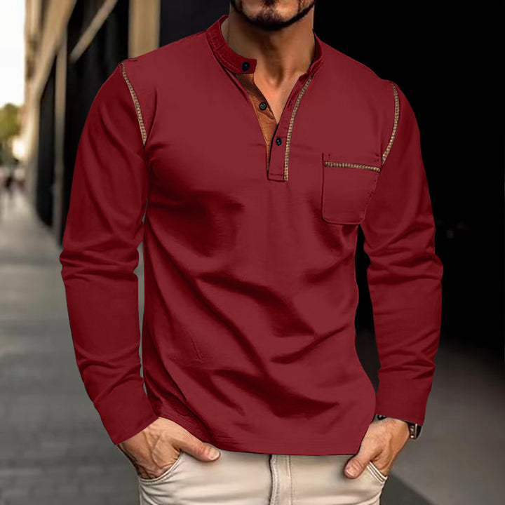 Men's nan legeres long sleeve henley shirt with stand-up collar, button placket, and chest pocket StylebySassy