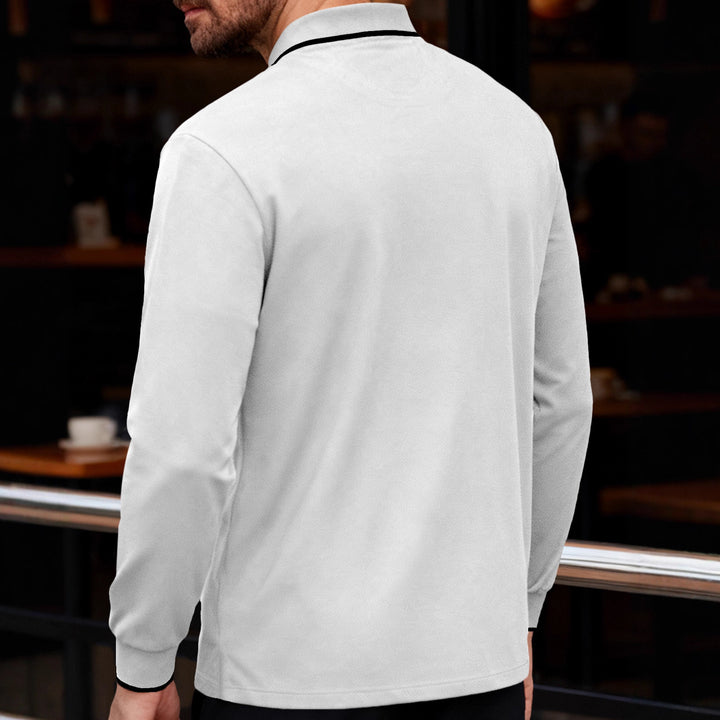 Men's long-sleeved pique polo shirt with contrasting piping at the collar and cuffs StylebySassy