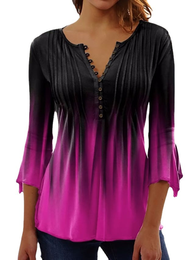 Women's airy tunic blouse with fine pleat yoke, half button placket, and three-quarter bell sleeves StylebySassy