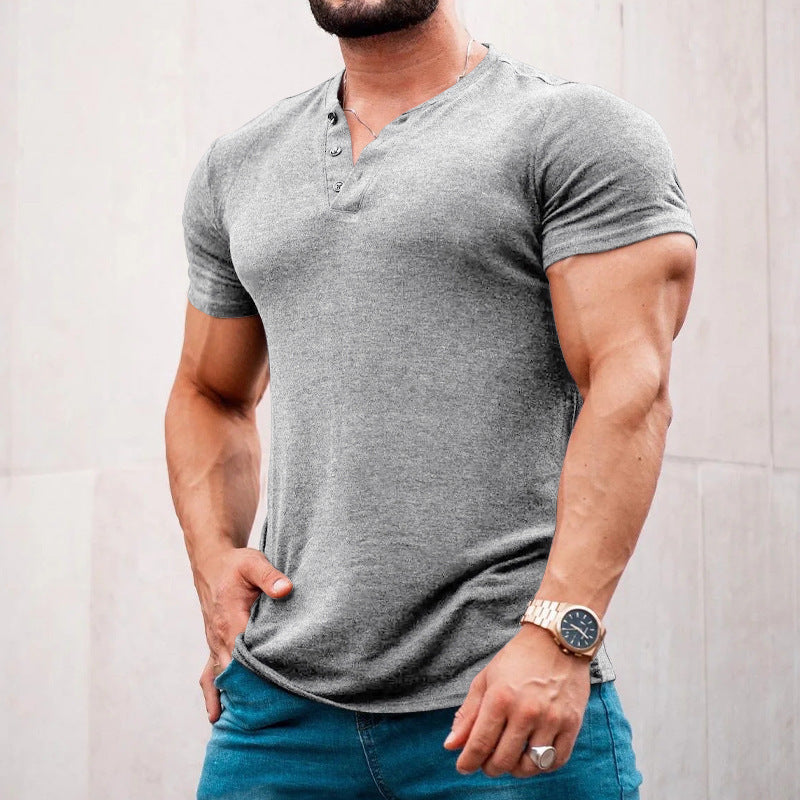 Men's muscle-fitting short-sleeve shirt with button placket and V-neck made of cotton stretch StylebySassy