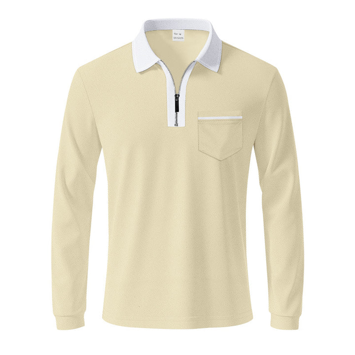 Men's long-sleeved polo with half zip, patch chest pocket, and fine structure jersey quality StylebySassy
