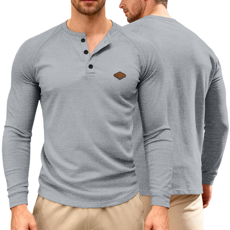 Men's Waffle Knit Henley Long Sleeve Shirt with Raglan Sleeves, Half Button Placket and Leather Label StylebySassy