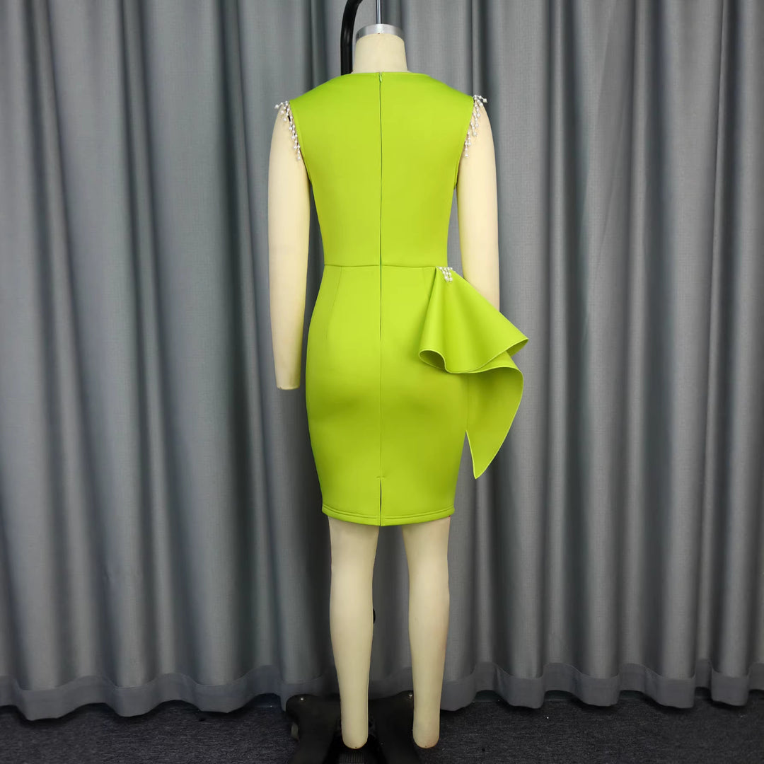 Women's sculpted dress with asymmetric ruffle and pearl accents StylebySassy