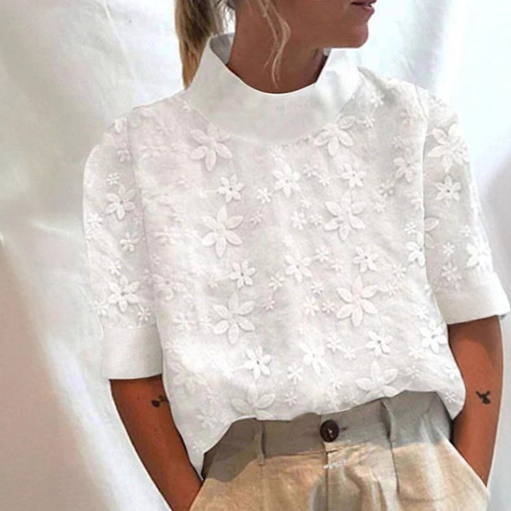 Ladies non-light embroidered blouse with stand collar and three-dimensional floral appliqué StylebySassy