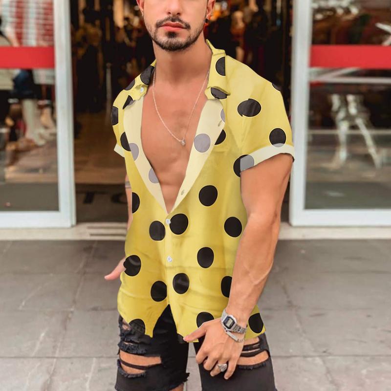Men's short-sleeved shirt with large polka dot print, deep lapel collar and open button placket StylebySassy