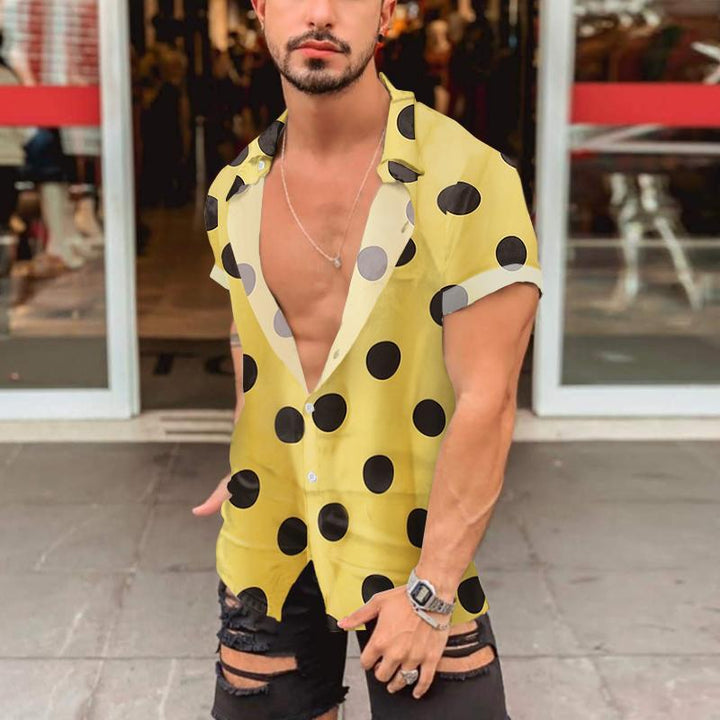 Men's short-sleeved shirt with large polka dot print, deep lapel collar and open button placket StylebySassy