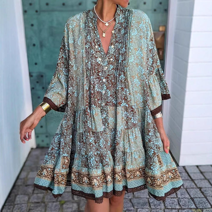 Women's airy Boho tiered dress with V-neck wide batwing sleeves and lace trim StylebySassy