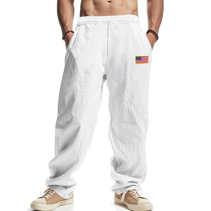 Men's casual cotton-linen lounge pants with elastic waistband, drawstring, and discreet flag application StylebySassy
