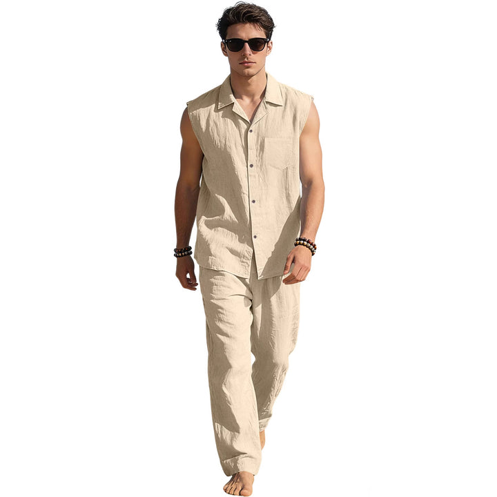 Men's sleeveless linen leisure set with lapel collar, chest pocket, and straight pants StylebySassy