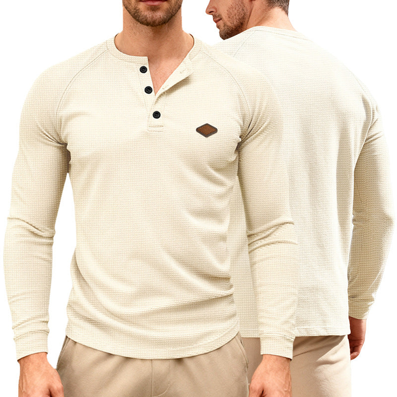 Men's Waffle Knit Henley Long Sleeve Shirt with Raglan Sleeves, Half Button Placket and Leather Label StylebySassy