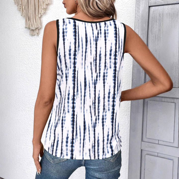 Women's sleeveless V-neck top with fine lace trim, vertical tie-dye print, and relaxed fit StylebySassy
