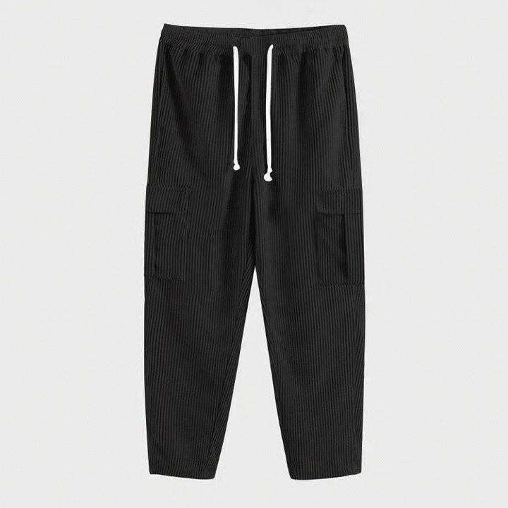 Men's ribbed comfortable cargo pants with elastic drawstring waistband and low-set flap pockets StylebySassy