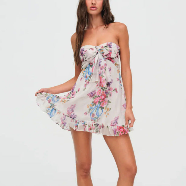 Women's Off-Shoulder Chiffon Dress with Front Bow and Ruffle Hem StylebySassy