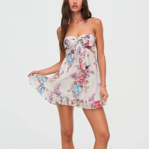 Women's strapless chiffon summer dress with floral pattern bandeau top and ruffle trim StylebySassy