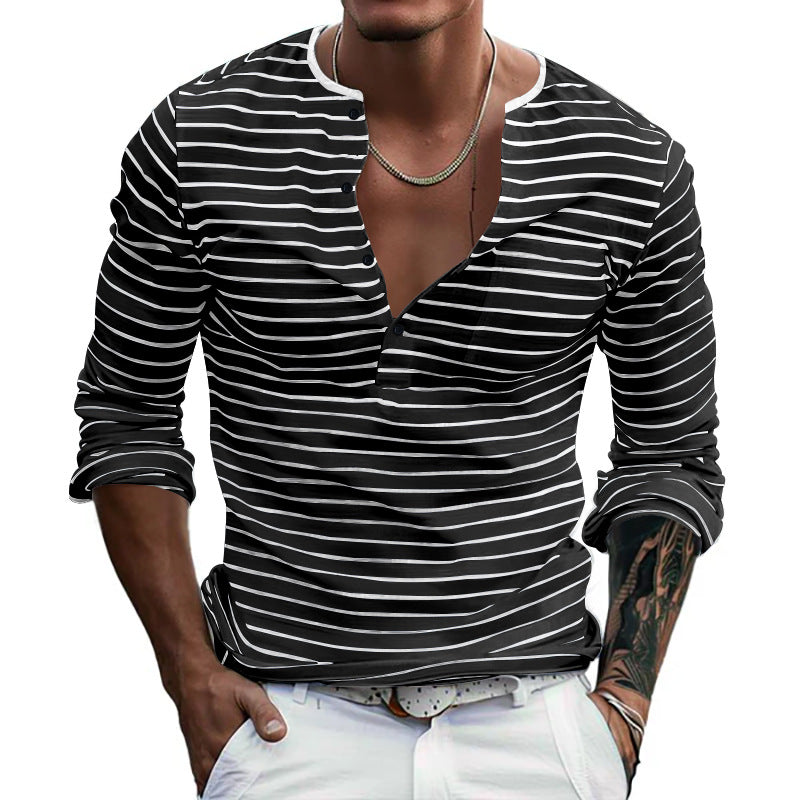 Men's striped long-sleeve shirt with short button placket, round neckline, and subtle chest pocket StylebySassy
