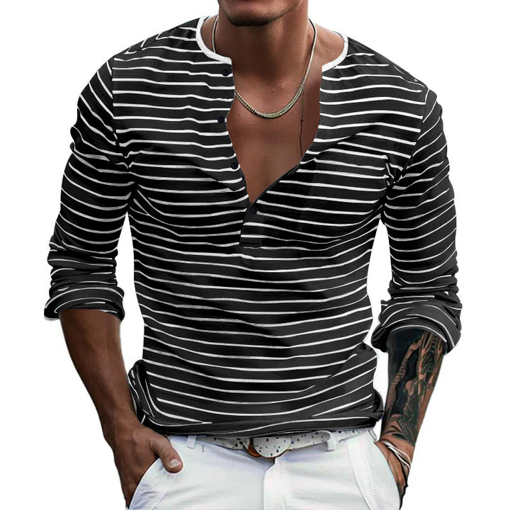 Men's striped long-sleeve shirt with short button placket, round neckline, and subtle chest pocket StylebySassy