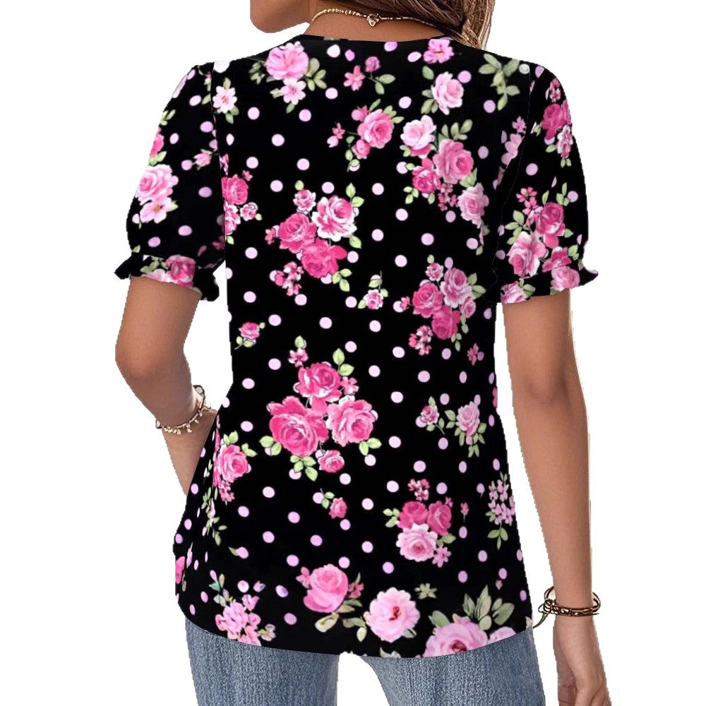 Ladies floral V-neck blouse with decorative lace trim and gathered short sleeves StylebySassy