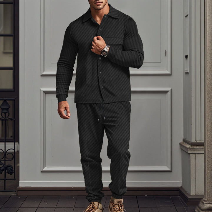 Men's finely structured shirt jacket and sweatpants set with a slim fit StylebySassy