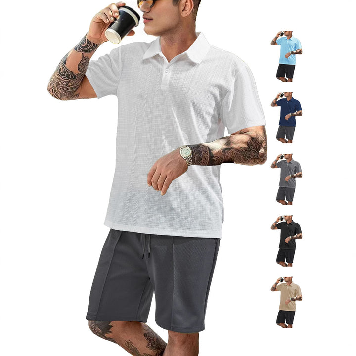 Men's two-piece summer travel set with textured short-sleeve polo shirt and functional mesh shorts StylebySassy