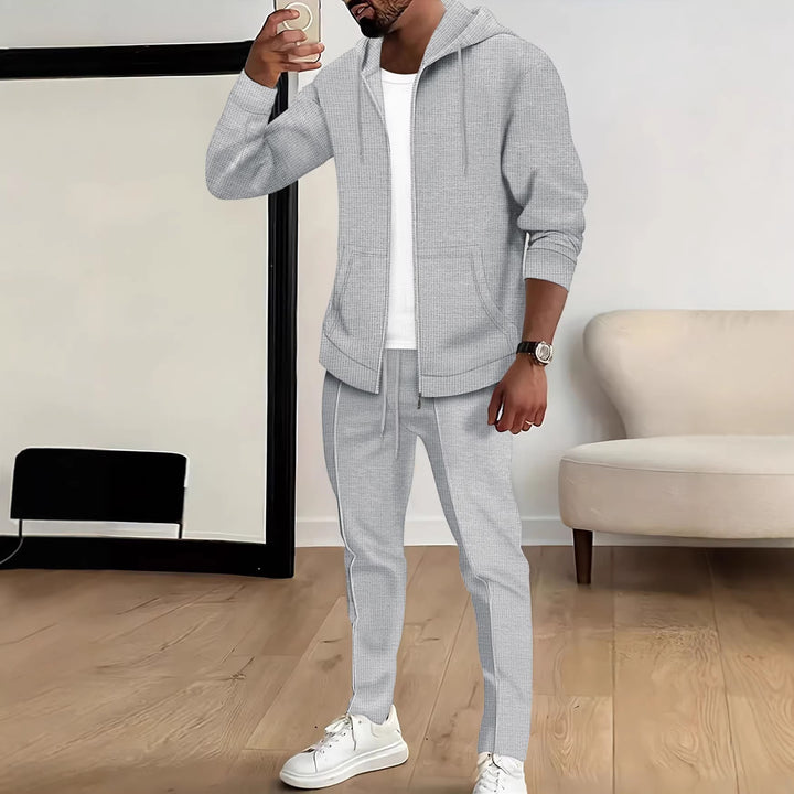 Men's waffle texture tracksuit with hooded zip jacket and tapered jogging pants StylebySassy