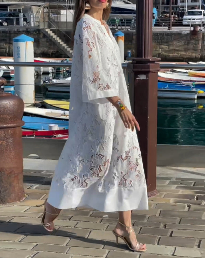 Women's airy lace maxi dress with floral openwork embroidery, loose kimono sleeve cut, and lightweight underdress StylebySassy
