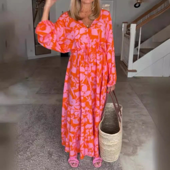 Ladies airy tiered maxi dress with V-neck tunnel waist and balloon sleeves StylebySassy