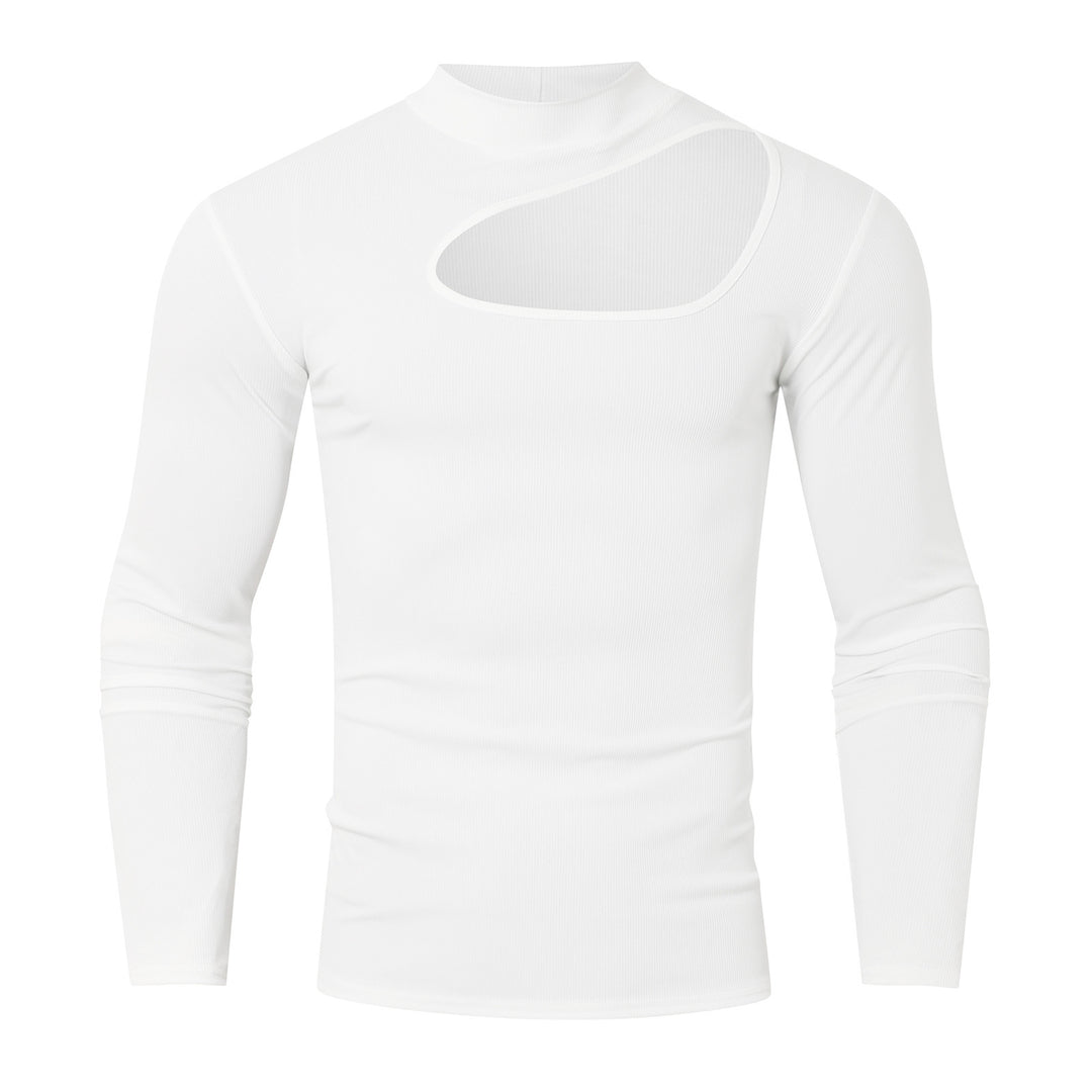 Women's fitted long sleeve top made of fine rib jersey with asymmetrical shoulder neckline and high collar StylebySassy