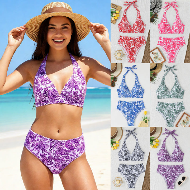 Women's High-Waisted Bikini Set with Floral Design and Playful Halter Top StylebySassy