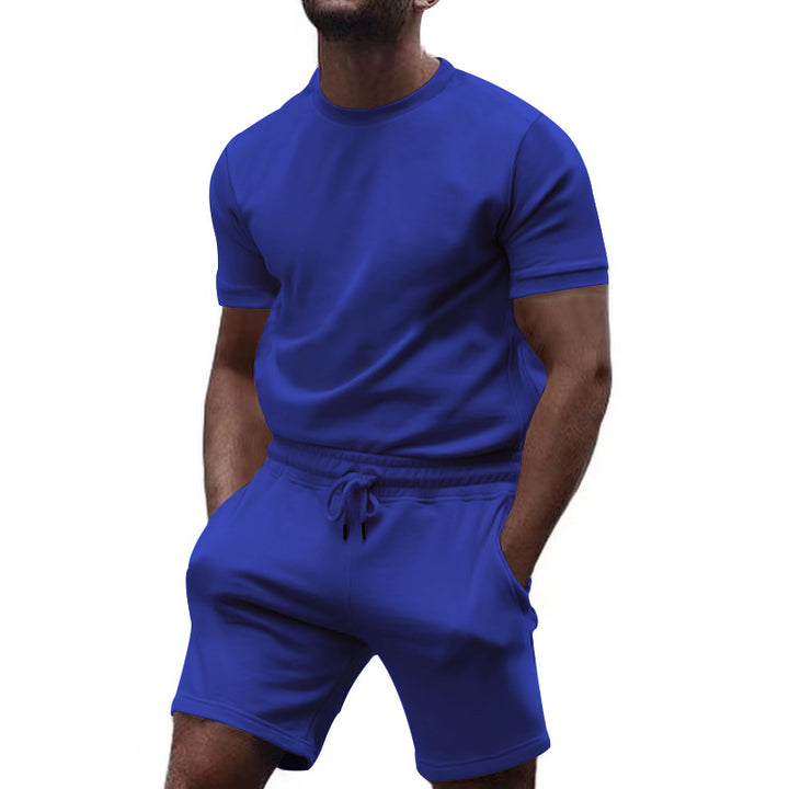 Men's minimalist jersey ensemble with comfortable round neck shirt and elastic drawstring shorts StylebySassy