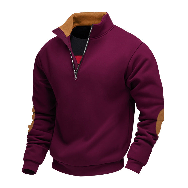 Men's nan Sweatshirt with half zipper, stand collar, and suede elbow patches StylebySassy