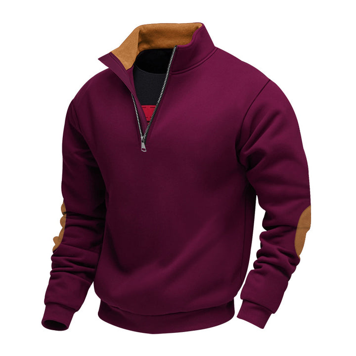 Men's nan Sweatshirt with half zipper, stand collar, and suede elbow patches StylebySassy
