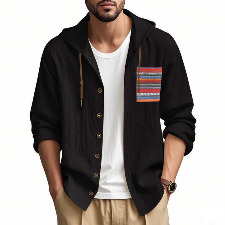 Men's lightweight hooded shirt jacket made of structured cotton blend with ethnic chest pocket and button placket StylebySassy