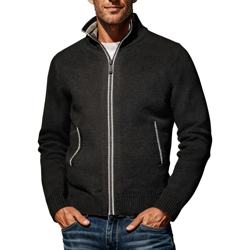 Men's knitted bomber jacket with stand-up collar and two-way zipper StylebySassy